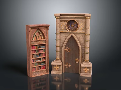 Arched Window Bookshelf With Books And Decorative Arched Doorway With Clock 3d model
