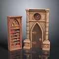 Arched Window Bookshelf With Books And Decorative Arched Doorway With Clock