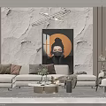 Modern Sofa and Coffee Table Set with Beige Cushions Marble Wall Art and Pendant Lights