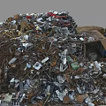 Pile of Mixed Waste Metal Scraps Plastic Paper Near Stone Wall With Blue Plate Grid