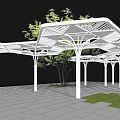 Garden Landscape with White Hexagonal Pavilions Trees and Stone Paved Ground