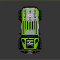 Green Off Road Vehicle With Black Roof Large Tires And Stripes Design