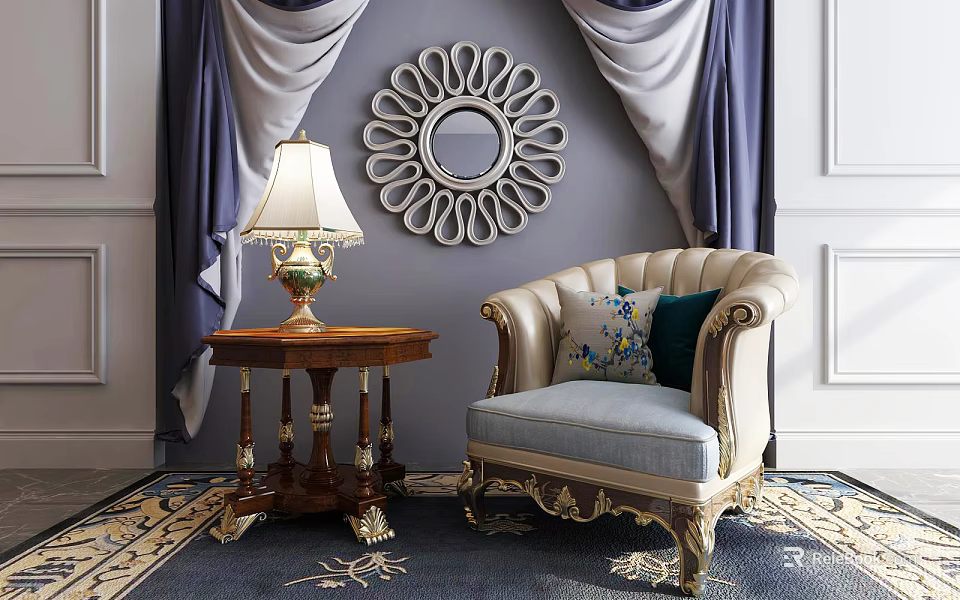 Classic Style Single Sofa With Light Blue Cushion And Decorative Mirror By Wooden Side Table 3d model 