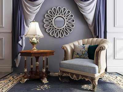 Classic Style Single Sofa With Light Blue Cushion And Decorative Mirror By Wooden Side Table 3d model