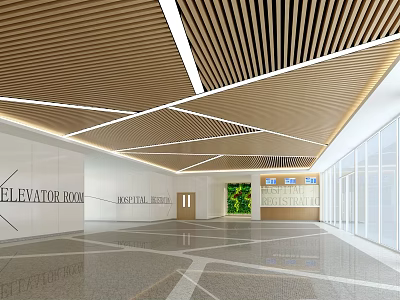 Hospital Outpatient Clinic Interior Elevator Room Striped Ceiling Marble Floor Greenery Information Boards 3d model