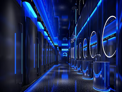 Modern Hotel Corridor With Blue Lighting And Round Mirror Decorations On Sleek Flooring 3d model