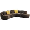 Modern Brown Sectional Sofa with Yellow Gray and Striped Decorative Cushions