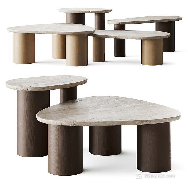 Modern Coffee Tables With Marble Tops And Cylindrical Wooden Legs Design 3d model 