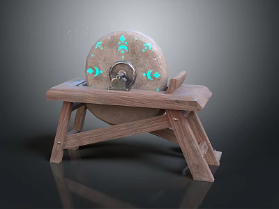 Traditional Stone Mill Kitchen Appliance On Wooden Stand With Blue Patterns 3d model