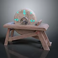 Traditional Stone Mill Kitchen Appliance On Wooden Stand With Blue Patterns
