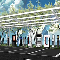 Solar Carport Canopy Covered EV Charging Station Parking Lot With Trees