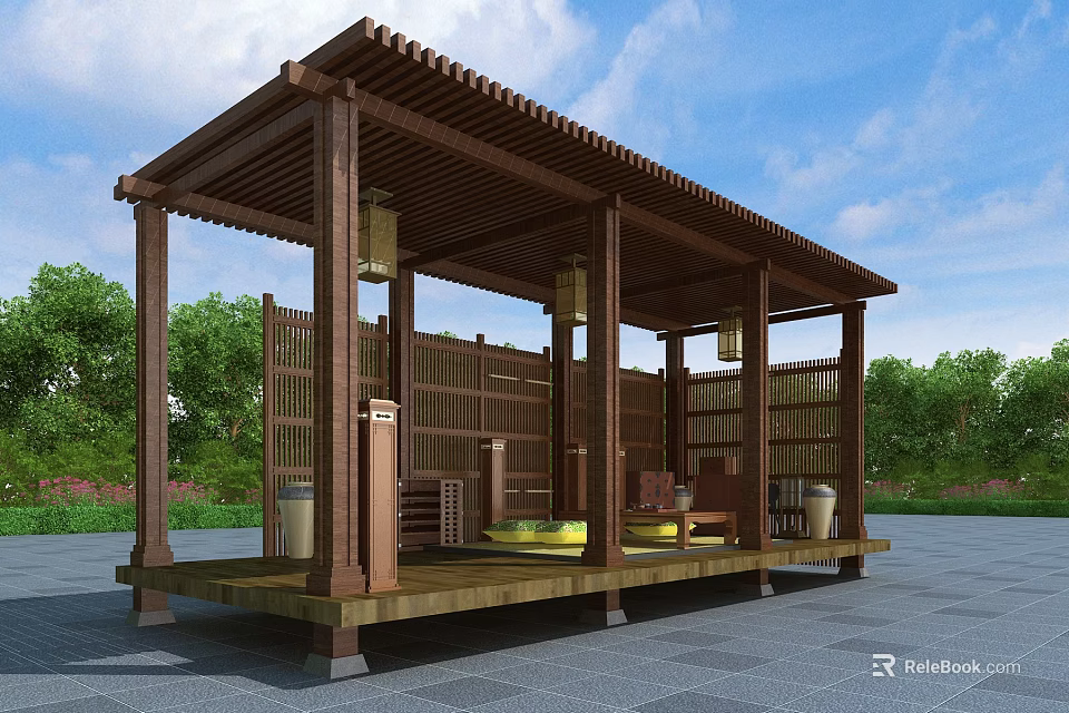 Wooden Pergola with Roof Columns and Lanterns Surrounded by Green Trees and Stone Pavement 3d model 