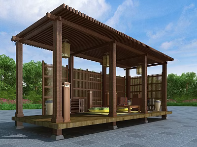 Wooden Pergola with Roof Columns and Lanterns Surrounded by Green Trees and Stone Pavement 3d model