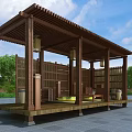 Wooden Pergola with Roof Columns and Lanterns Surrounded by Green Trees and Stone Pavement