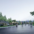 Scenic Outdoor Pathway With People Walking Green Trees And Distant Mountain View