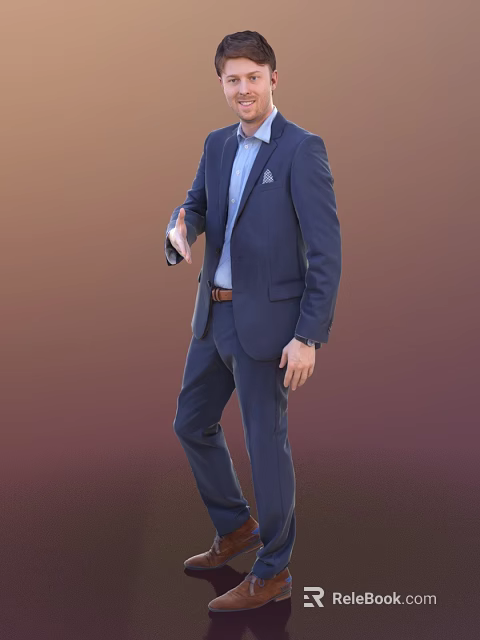 Man in Dark Blue Suit Light Blue Shirt Brown Belt Pocket Square Standing Pose 3d model 