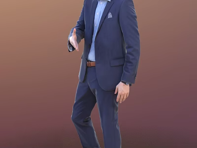 Man in Dark Blue Suit Light Blue Shirt Brown Belt Pocket Square Standing Pose 3d model