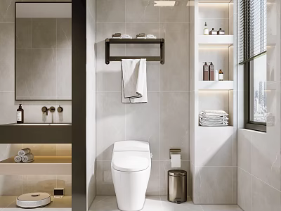 Modern Bathroom Interior With White Toilet Gray Tiled Walls And Shelves With Toiletries 3d model