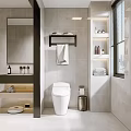 Modern Bathroom Interior With White Toilet Gray Tiled Walls And Shelves With Toiletries