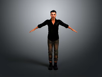Man In Black Shirt And Jeans Posing With Arms Outstretched Against Gray Background 3d model