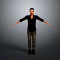 Man In Black Shirt And Jeans Posing With Arms Outstretched Against Gray Background