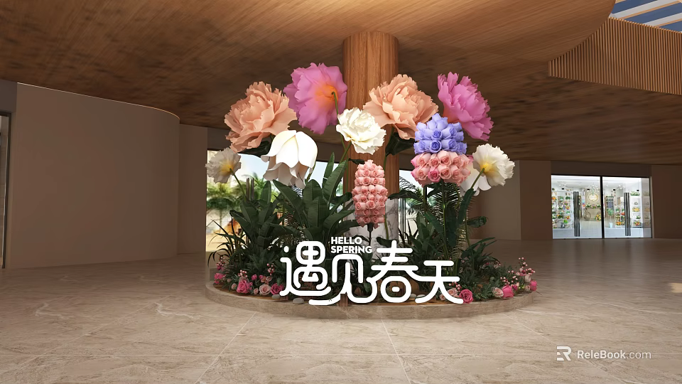 Colorful Floral Installation in Indoor Space with Spring Theme and Hello Spring Sign 3d model 