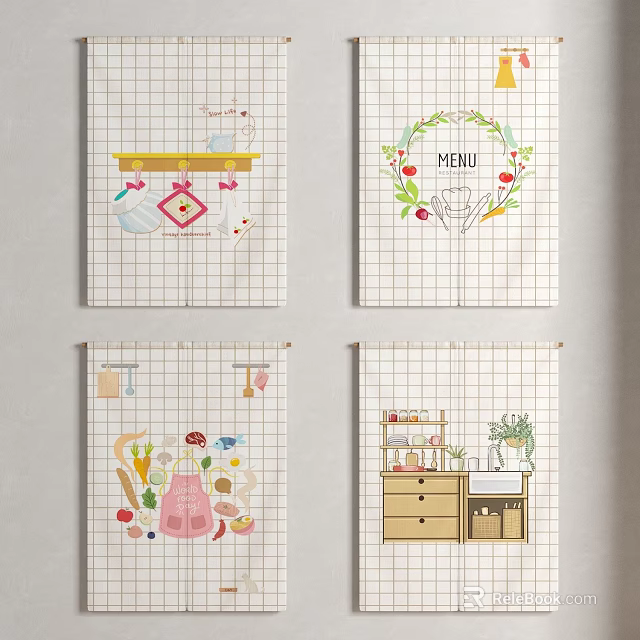 Kitchen Themed Curtains With Utensils Vegetables Menu And Decorative Elements 3d model