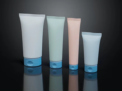 Pastel Colored Cosmetic Tube Containers With Blue Base Caps On Black Reflective Background 3d model