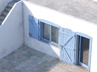 Traditional Courtyard With White Walls Blue Shutters Open Wooden Door Stone Steps And Paved Floor 3d model