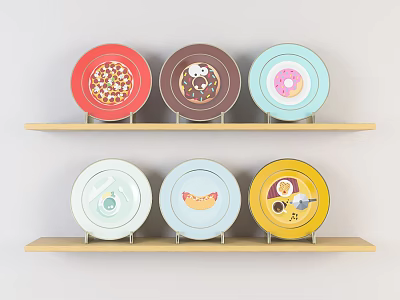 Colorful Ceramic Plates With Cute Cartoon Patterns Displayed On Wooden Shelves 3d model