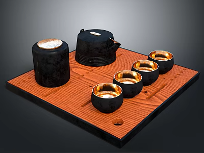 Traditional Ceramic Tea Set With Teapot Caddy Four Tea Cups And Wooden Tray 3d model