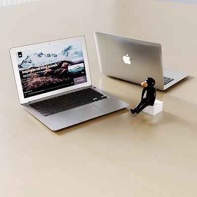 Open Laptop With Scenic Screen Display And Closed Apple Logo Laptop Nearby Small Monkey Figure 3d model
