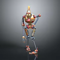 Colorful Mechanical Robot Character Featuring Unique Head Shape Metallic Structure And Slender Limbs