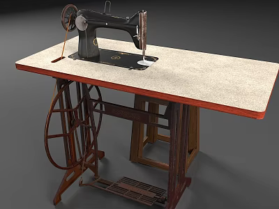 Vintage Sewing Machine On Wooden Table With Pedal And Wheel Details 3d model