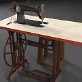 Vintage Sewing Machine On Wooden Table With Pedal And Wheel Details 3d model