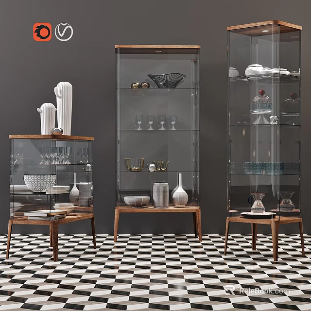 Wooden Glass Door Dresser Displaying Decorative Vases Bowls And Wine Glasses On Checkerboard Floor 3d model 