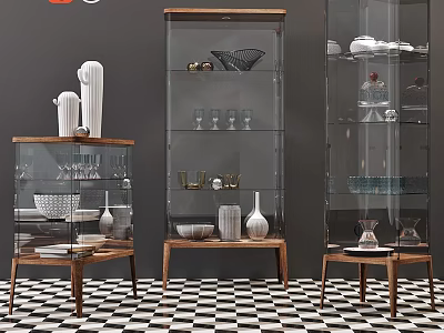 Wooden Glass Door Dresser Displaying Decorative Vases Bowls And Wine Glasses On Checkerboard Floor 3d model