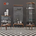 Wooden Glass Door Dresser Displaying Decorative Vases Bowls And Wine Glasses On Checkerboard Floor