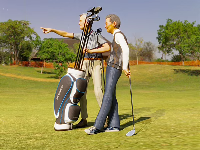 Two Men Playing Golf On Course With Clubs Bag 3d model