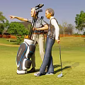 Two Men Playing Golf On Course With Clubs Bag