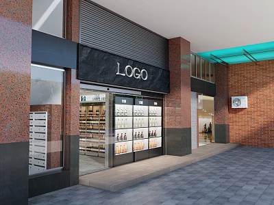 Exterior View of Tobacco and Liquor Store With Glass Display Windows LOGO Signage and Brick Walls 3d model