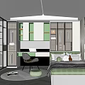 Modern Tatami Bedroom Interior With Green Accents Wardrobe Desk Chair And Round Rug
