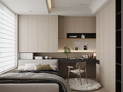Modern Minimalist Tatami Bedroom Interior Design With Bed Desk Chair And Cabinets 3d model