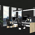 Open Public Office Space with Large Windows City View Computers Office Chairs and Green Plants