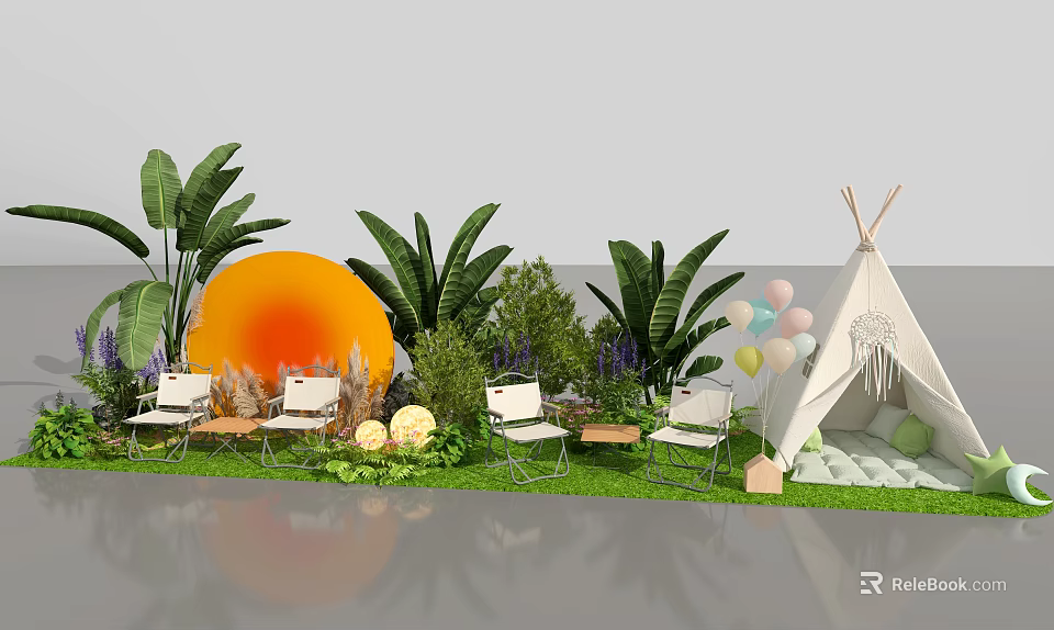 Outdoor Leisure Space Featuring Green Grass White Chairs Large Plants Orange Decor And Teepee 3d model 