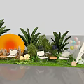 Outdoor Leisure Space Featuring Green Grass White Chairs Large Plants Orange Decor And Teepee 3d model