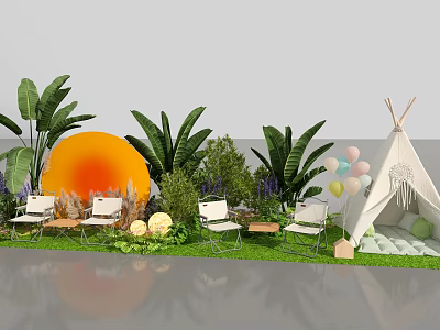 Outdoor Leisure Space Featuring Green Grass White Chairs Large Plants Orange Decor And Teepee 3d model