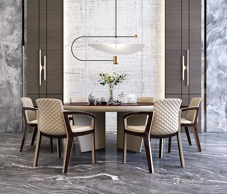 Elegant Modern Dining Table Set With Upholstered Chairs Pendant Light And Marble Wall 3d model