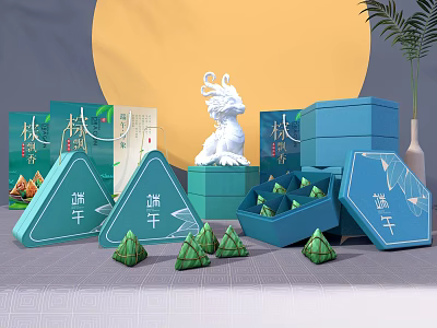 Traditional Dragon Boat Festival Zongzi Gift Boxes With Dragon Ornament And Green Packages 3d model