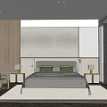 Modern Hotel Guest Room With Bed Gray Headboard Green Armchair Wooden Walls And Nightstand Lamps